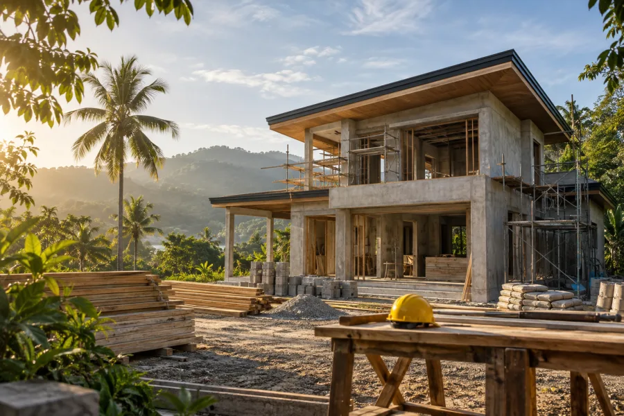 Illustrative house under construction with materials and a yellow safety helmet